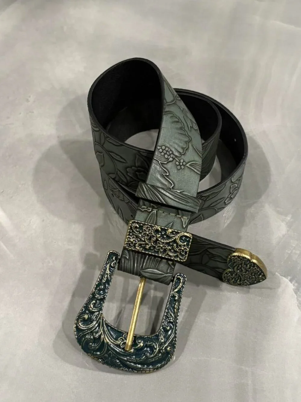 Forest Green Embossed Floral Bronze Buckle Belt